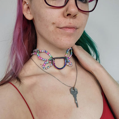 'Butterfly' Handmade pearl bead collar - Rainbow pearl beads/rainbow toned findings