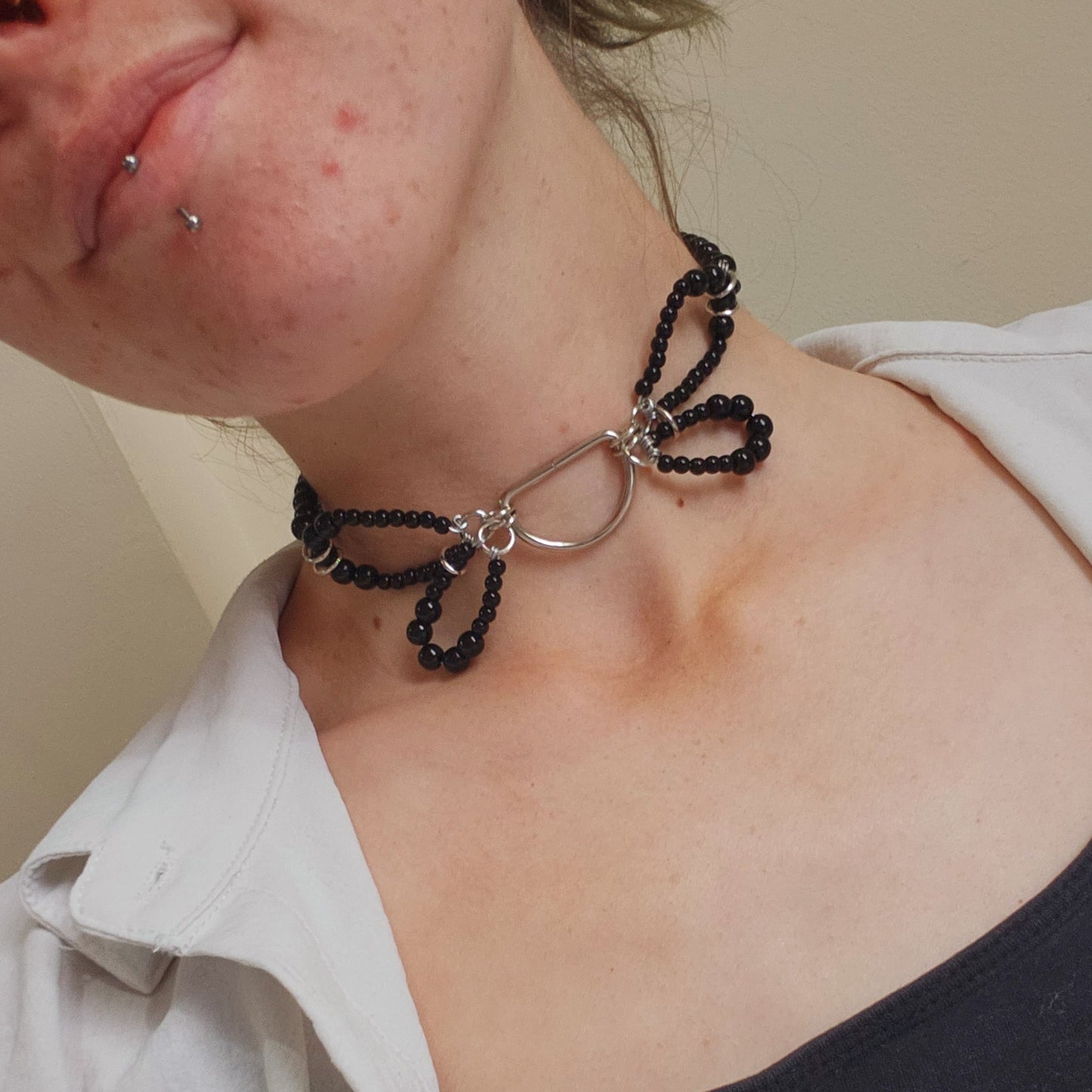 'Butterfly' black collar handbeaded choker - Black beads/silver findings