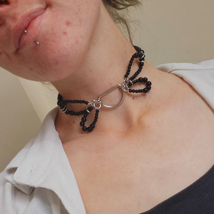 'Butterfly' black collar handbeaded choker - Black beads/silver findings