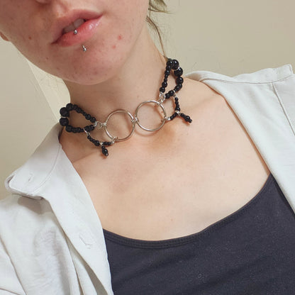 'Love birds' Double ring black collar handbeaded choker - Black beads/silver findings