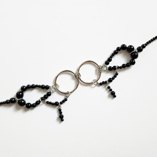 'Love birds' Double ring black collar handbeaded choker - Black beads/silver findings