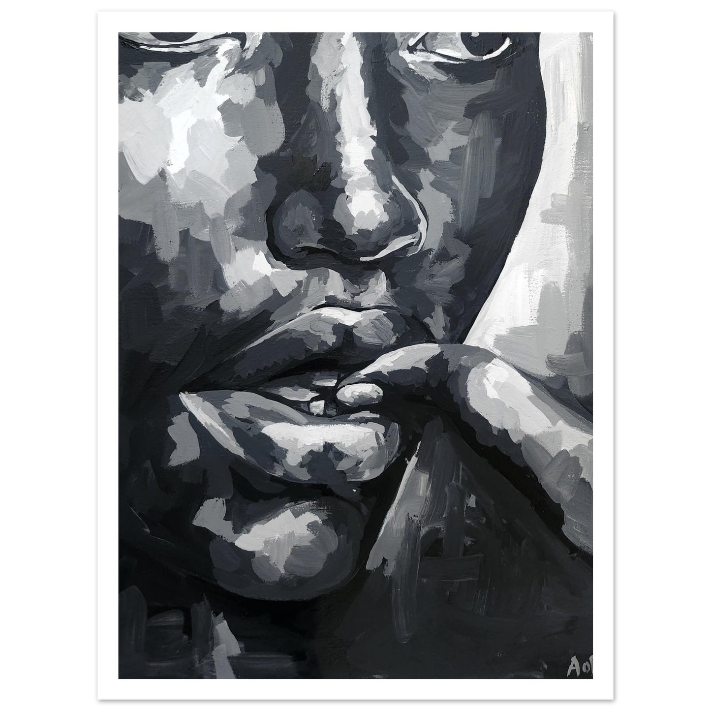 One Finger - Black and white portrait Premium Semi-Glossy Art Paper Print