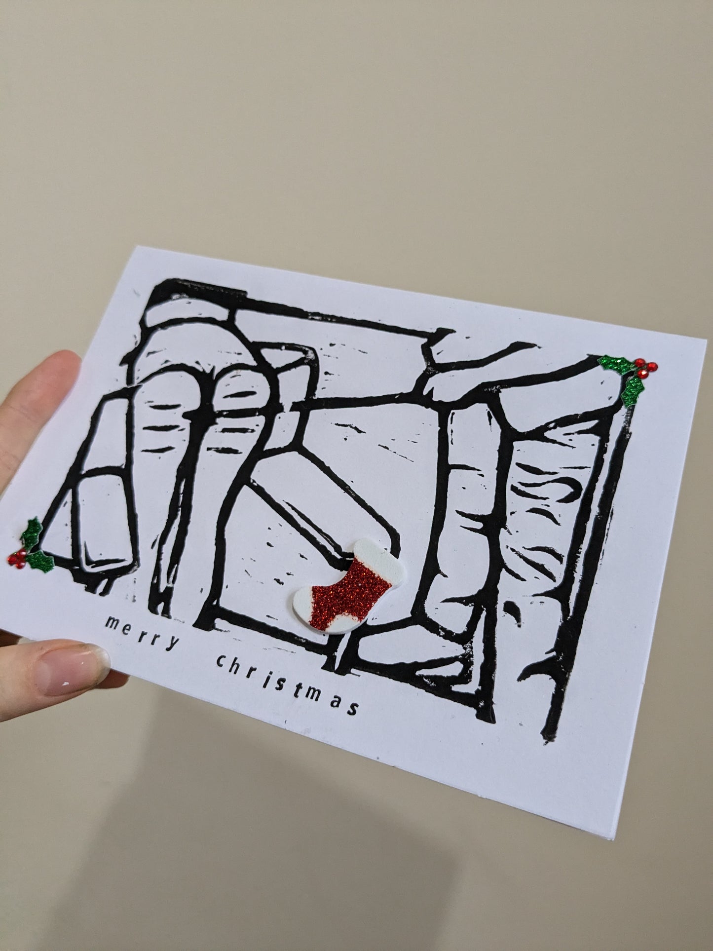 Handmade lino printed Christmas card - Design 2