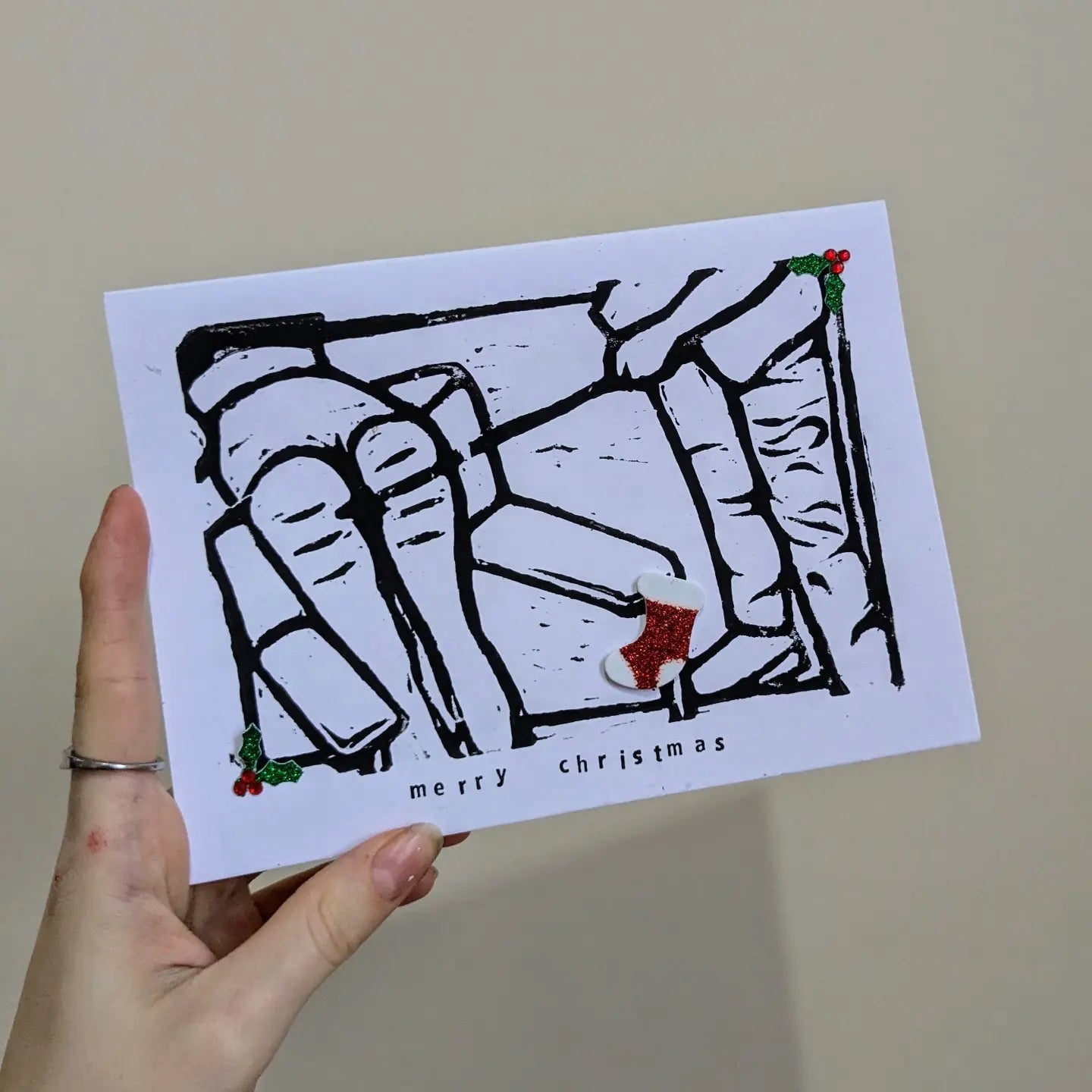 Handmade lino printed Christmas card - Design 2